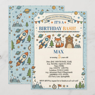 Invitation Joyeuse Fête d'anniversaire dans l'espace et la fo
