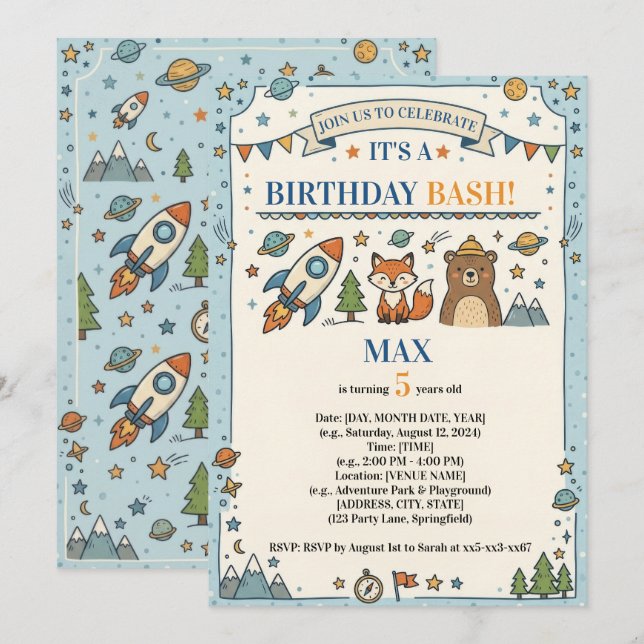 Invitation Joyeuse Fête d'anniversaire dans l'espace et la fo (Devant / Derrière)