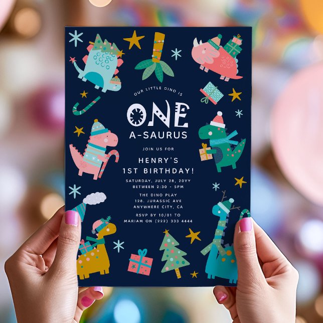 Invitation Joyeuse fête d'anniversaire de Noël en hiver Dino  (Créateur téléchargé)