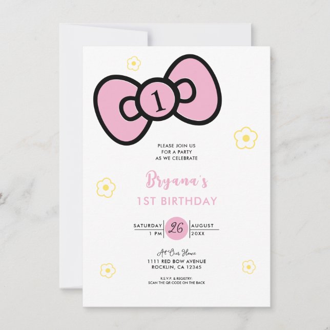 Invitation Joyeuse Fête d'Anniversaire Rose et Mignonne avec  (Devant)