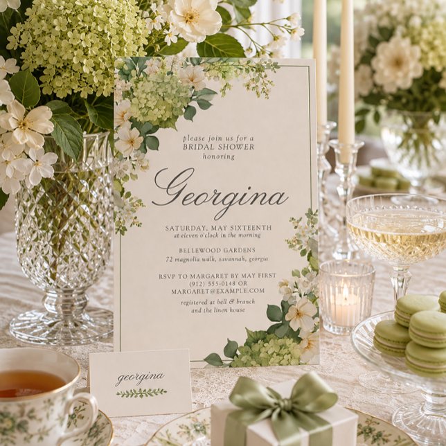 Invitation Joyeuse Fête de Fiançailles avec Monogramme Floral (Elegant green hydrangeas and a personalized monogram for a beautiful bridal shower.)