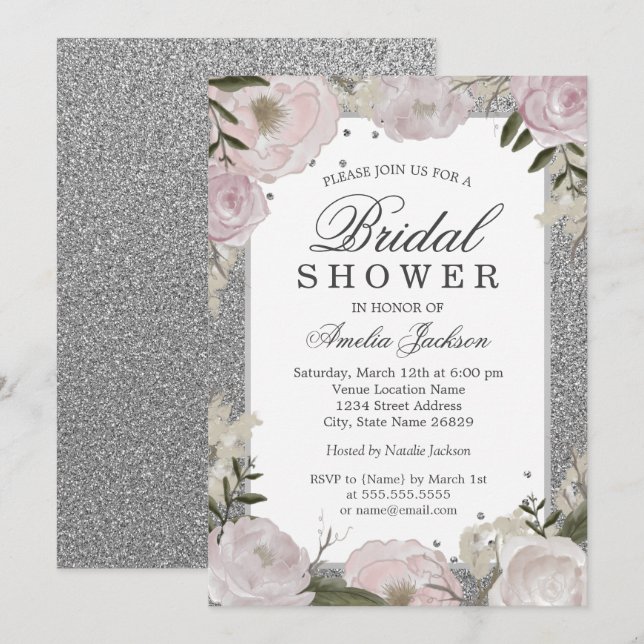 Invitation Joyeuse Fête de Mariage Rose Floral Argent (Devant / Derrière)