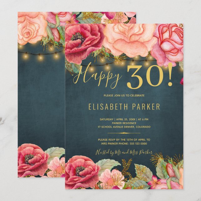 Invitation Joyeuse fête des 30 ans florale chic élégante pour (Devant / Derrière)