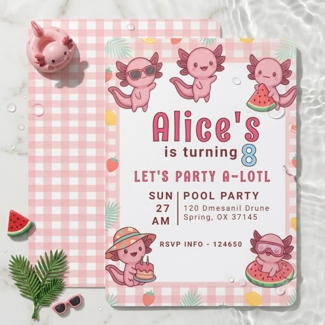 Invitation Joyeuse Fête Rose Kawaii Axolotl 8e Anniversaire F (Créateur téléchargé)