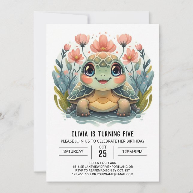 Invitation Joyeuse fille de tortue Editable Anniversaire (Devant)