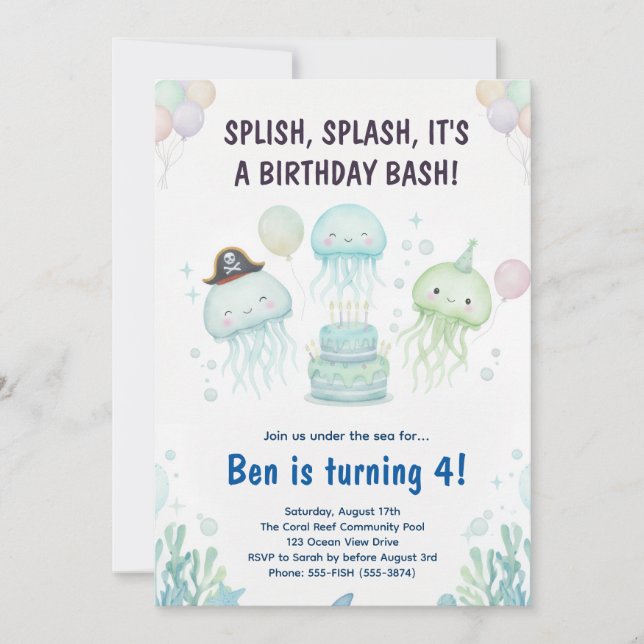 Invitation Joyeuse méduse sous l'eau pour l'anniversaire des  (Devant)