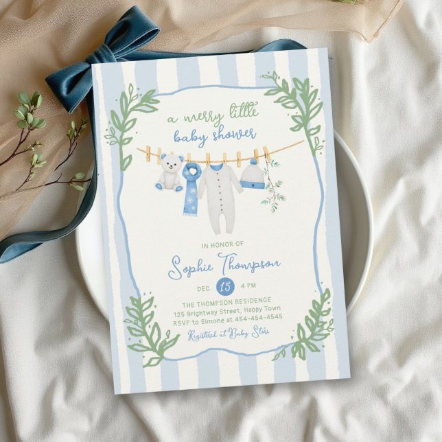 Invitation Joyeuse petite douche de bébé rayée verte et bleue (Créateur téléchargé)