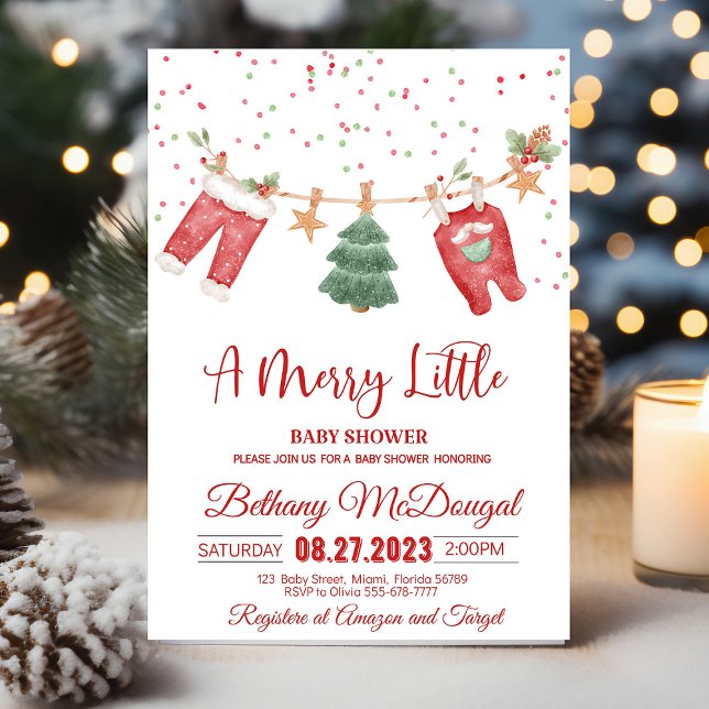Invitation Joyeuse petite fête de bébé Santa Baby (A Christmas baby shower invitation with a vintage Santa, festive red and green colors, and the phras)