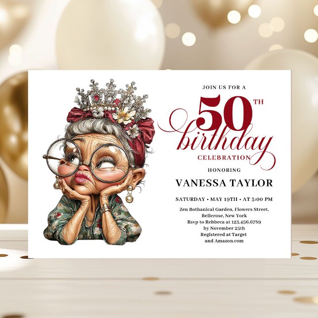 Invitation joyeuse pour 50e anniversaire drôle et  (Cheerful 50th bash invite quirky funny birthday lady)