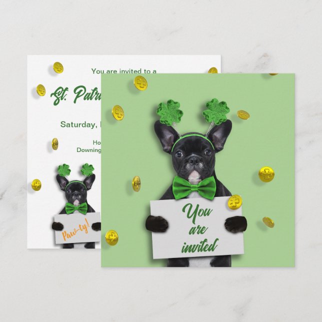 Invitation Joyeuse Saint-Patrick Trèfle Mignon Bouledogue Fra (Devant / Derrière)