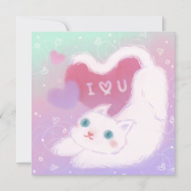 Invitation Joyeuse Saint-Valentin avec chat blanc duveteux (Devant)