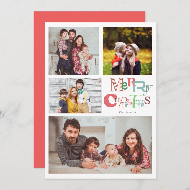 Invitation Joyeuse typographie de Noël 4 Collage de photos ro (Devant / Derrière)