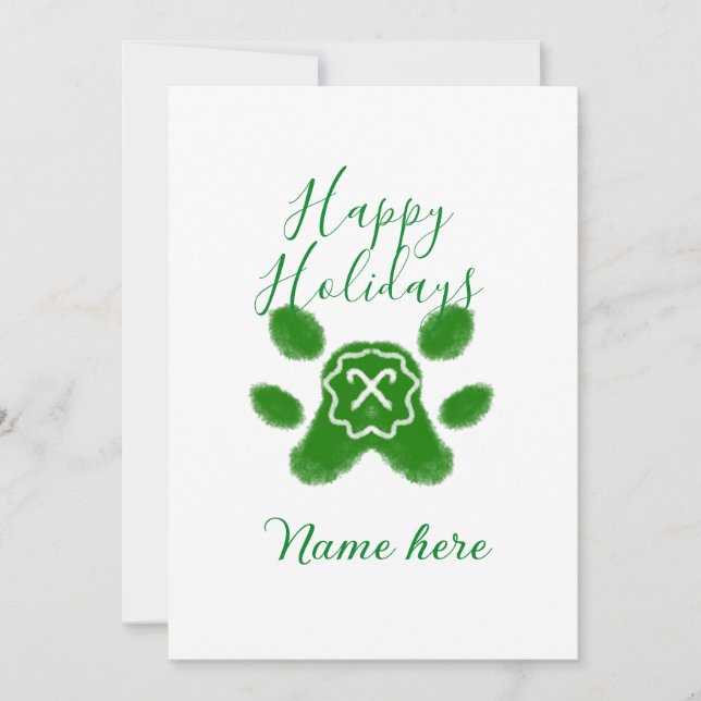 Invitation Joyeuses fêtes chien vert patte animal friandise c (Devant)