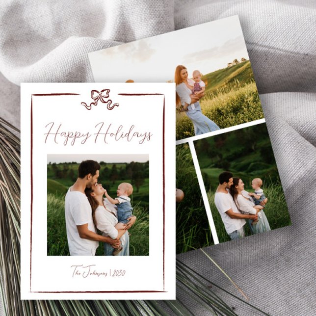 Invitation Joyeuses Fêtes Main Rouge Tirée Bow Four Photo (Créateur téléchargé)