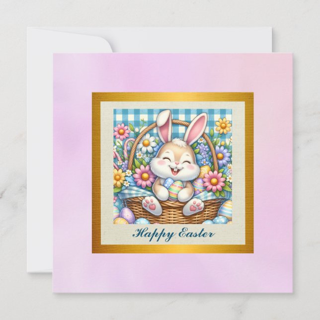 Invitation Joyeuses Pâques avec un lapin mignon, des œufs et  (Devant)