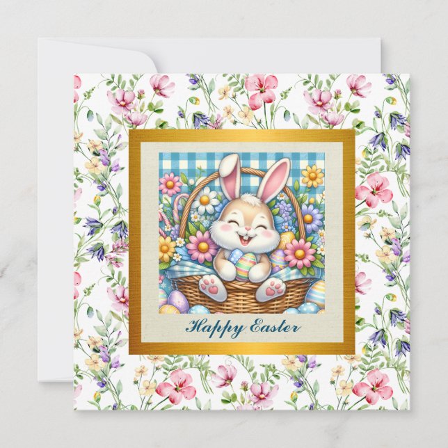 Invitation Joyeuses Pâques avec un lapin mignon, des œufs et  (Devant)