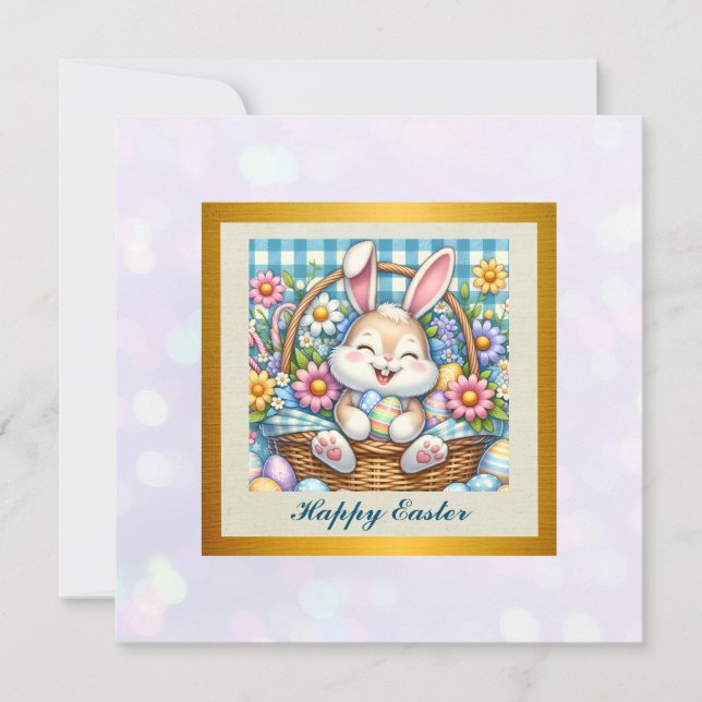 Invitation Joyeuses Pâques avec un lapin mignon, des œufs et  (Devant)