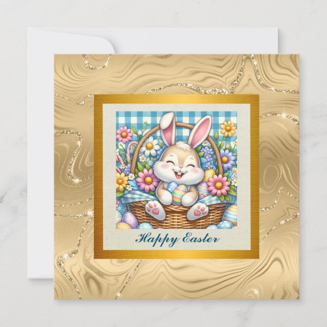 Invitation Joyeuses Pâques avec un lapin mignon, des œufs et  (Devant)