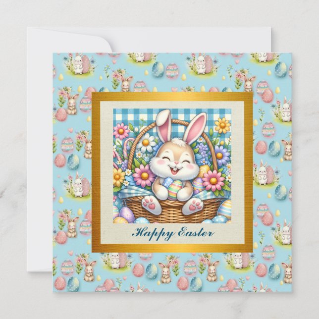 Invitation Joyeuses Pâques avec un lapin mignon, des œufs et  (Devant)