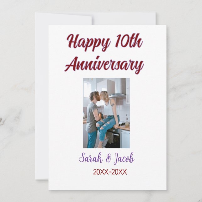Invitation Joyeux 10e anniversaire photo mariage nom du coupl (Devant)