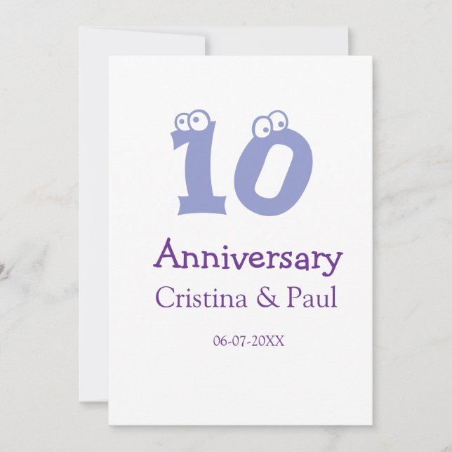 Invitation Joyeux 10ème anniversaire de mariage simple nom mi (Devant)