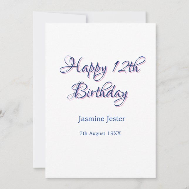 Invitation joyeux 12ème anniversaire bleu rose nom date simpl (Devant)