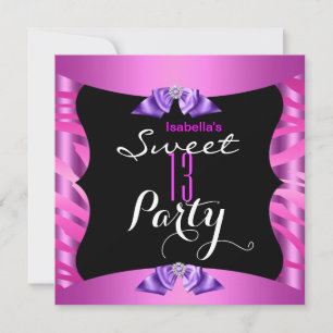 Invitation Joyeux 13 ans Mignon Rose Violet Zèbre Noir Annive
