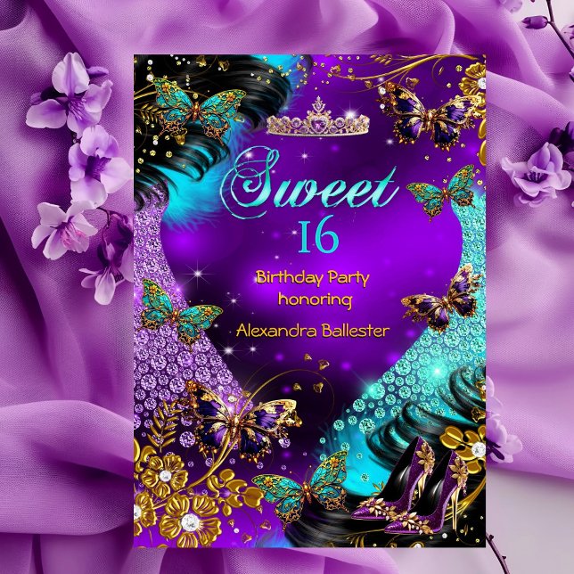 Invitation Joyeux 16e anniversaire Papillon sarcelle violet o (Créateur téléchargé)