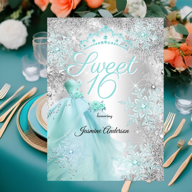 Invitation Joyeux 16e anniversaire sarcelle Argent hiver merv (Créateur téléchargé)