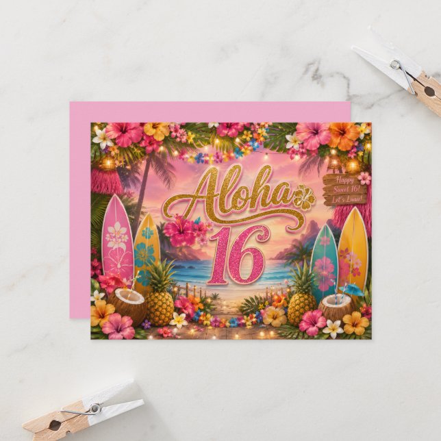 Invitation Joyeux 16ème Anniversaire Aloha (Devant/Arrière en situation)