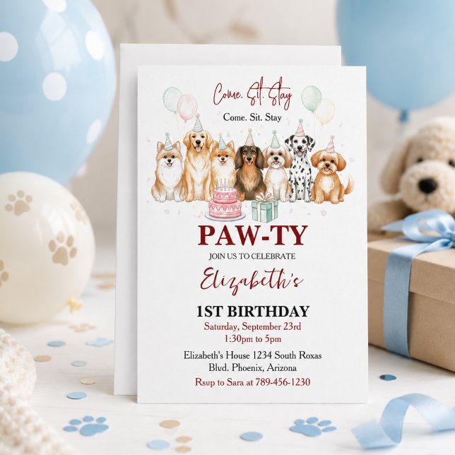Invitation Joyeux 1er anniversaire au garçon chiot mignon | C (Cute Puppy Dog Boy 1st Birthday | Pawty Time First Invitation
)
