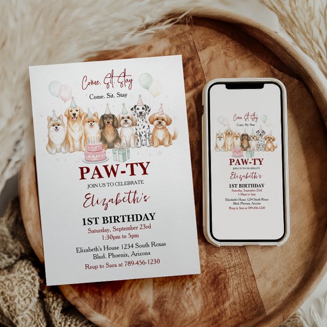 Invitation Joyeux 1er anniversaire au garçon chiot mignon | C (Cute Puppy Dog Boy 1st Birthday | Pawty Time First Invitation)