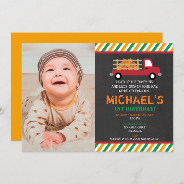 Invitation Joyeux 1er anniversaire citrouille patch halloween (Devant / Derrière)