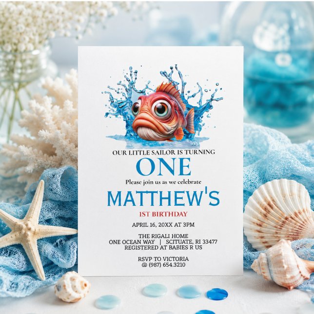 Invitation Joyeux 1er Anniversaire Poisson Bleu Eau Mignonne (Cute Water Blue Fish 1st Birthday Invitation)