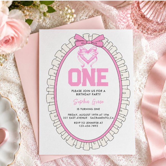Invitation Joyeux 1er Anniversaire Ruban Rose Coquette (Cute Pink Bow Coquette 1st Birthday Invitation)