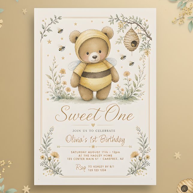 Invitation Joyeux 1er anniversaire Sweet One Honey Bear (Créateur téléchargé)