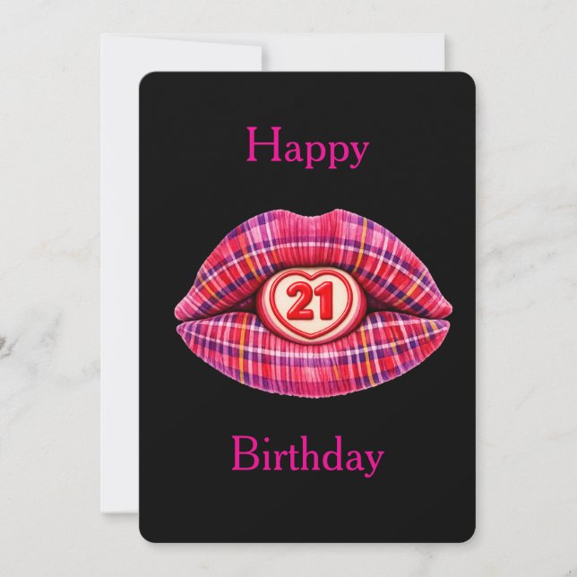 Invitation Joyeux 21e Anniversaire Ecossais Tartan Lèvres Mig (Devant)