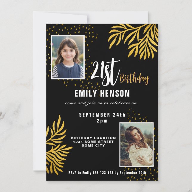 Invitation Joyeux 21e anniversaire Gold Foliage 2 Photo Party (Devant)