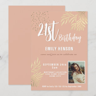 Invitation Joyeux 21e anniversaire Gold Foliage Photo Party