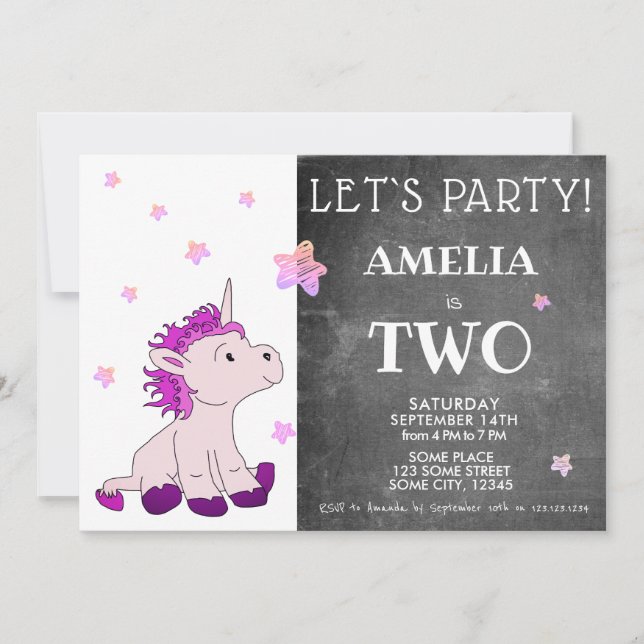Invitation Joyeux 2e anniversaire Licorne Rose Mignonne sur T (Devant)