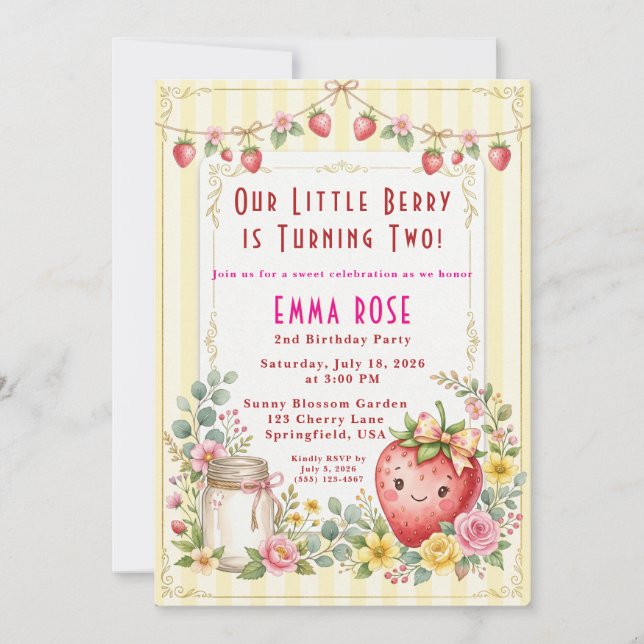 Invitation Joyeux 2e anniversaire petite fille aux fruits rou (Devant)
