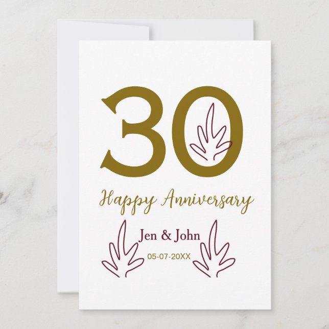 Invitation Joyeux 30e anniversaire nom date feuille rouge dor (Devant)