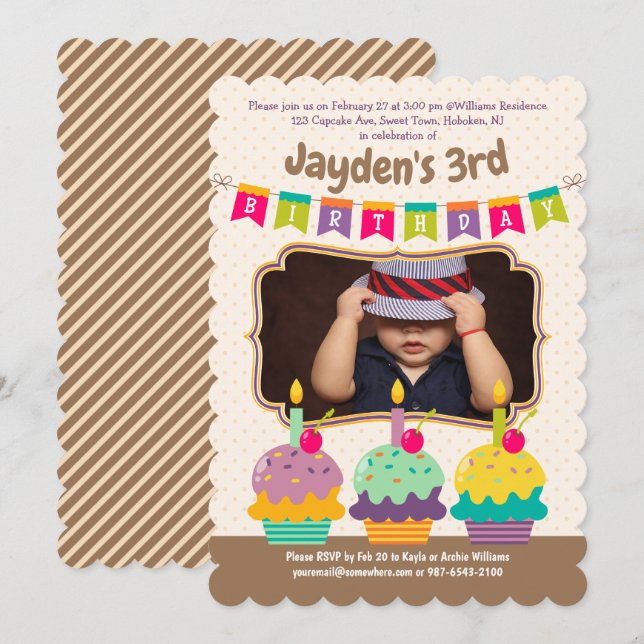 Invitation Joyeux 3e anniversaire Colorful Cupcakes Bunting P (Devant / Derrière)