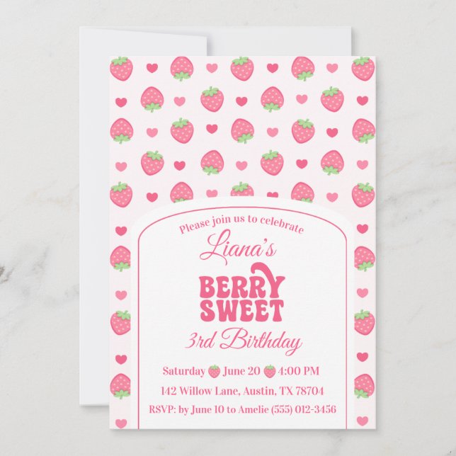 Invitation Joyeux 3e Anniversaire Fille Rose Mignonne Fraise  (Devant)
