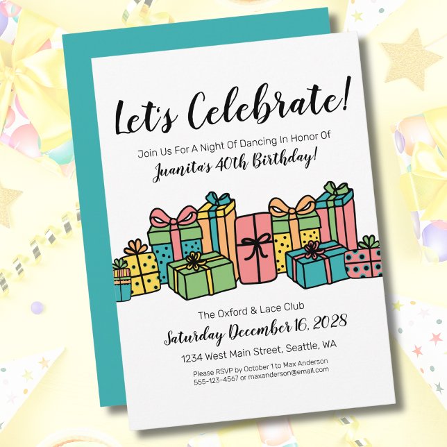 Invitation Joyeux 40e Anniversaire Coloré (Cute Fun Presents Colorful Happy Birthday Party Invitation)