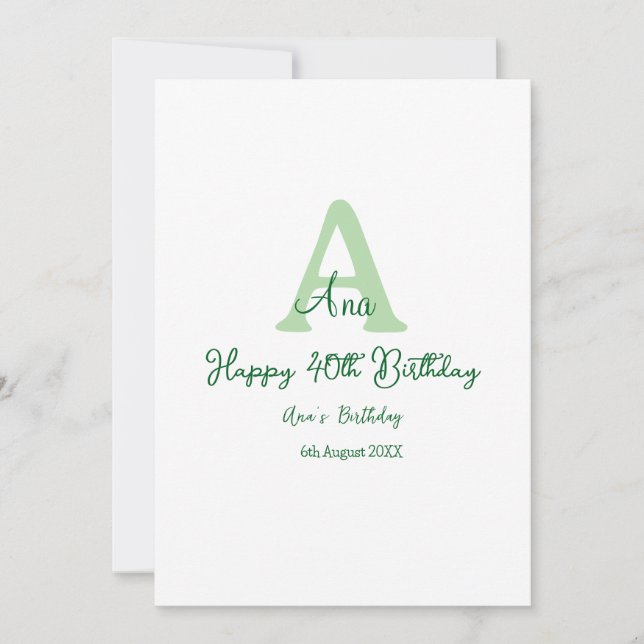 Invitation Joyeux 40e anniversaire vert ajouter nom monogramm (Devant)
