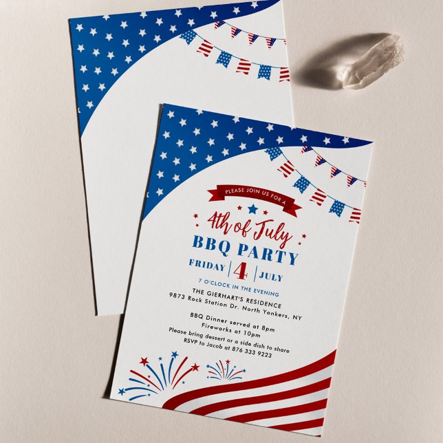 Invitation Joyeux 4 juillet rouge blanc et bleu patriotique (Family Reunion Summer July 4th Modern Party Invitation)