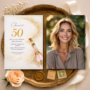 Invitation Joyeux 50e Anniversaire Photo Champagne Rose Or