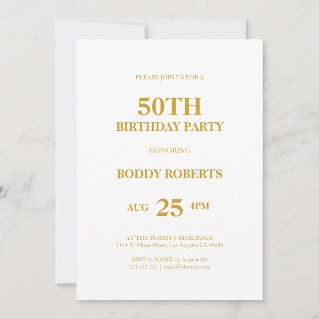 Invitation Joyeux 50e anniversaire typographie or sur blanc (Devant)