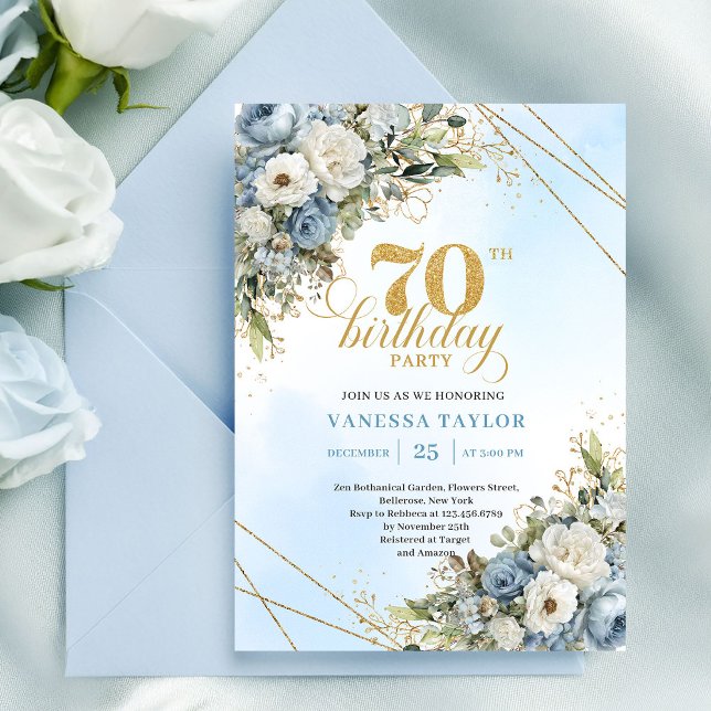 Invitation Joyeux 70e anniversaire eucalyptus or bleu poussié (Graceful dusty blue eucalyptus gold 70th birthday invite

)